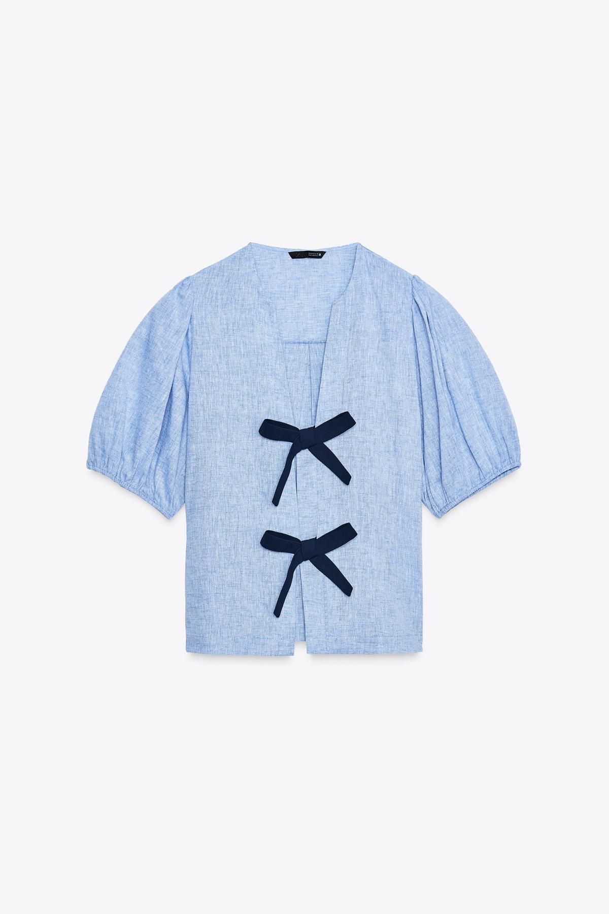 자라 린넨블렌드 퍼프슬리브 타이 블라우스 8310/789 BLUE - 메인 이미지
