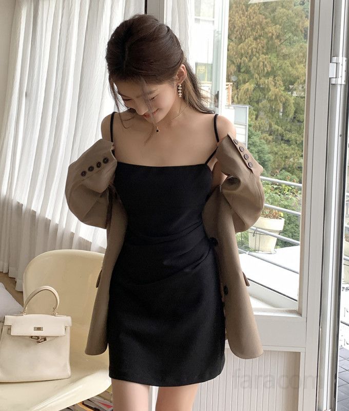 여성 스퀘어넥 민소매 셔링 미니 원피스 슬림핏 엑스라인 폴리스판 스트랩원피스 봄 여름 8090 - 상세 이미지 3