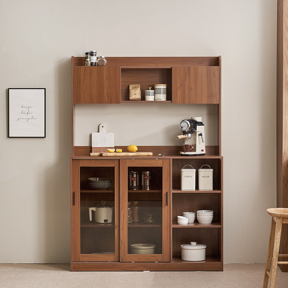 장인가구 아망드 슬라이딩 상부 하부 주방 수납장 세트 1200, 3단, 1200유리 선반장+상부장_브라운