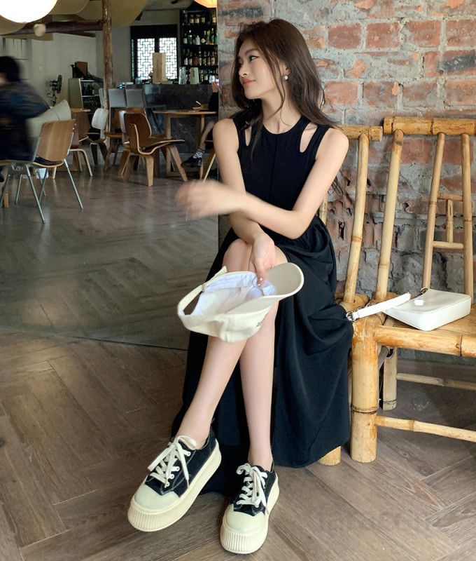 여성 면 컷아웃 어깨트임 민소매 라운드넥 롱 원피스 엑스라인 플레어 봄 여름 드레스 8181 - 상세 이미지 4