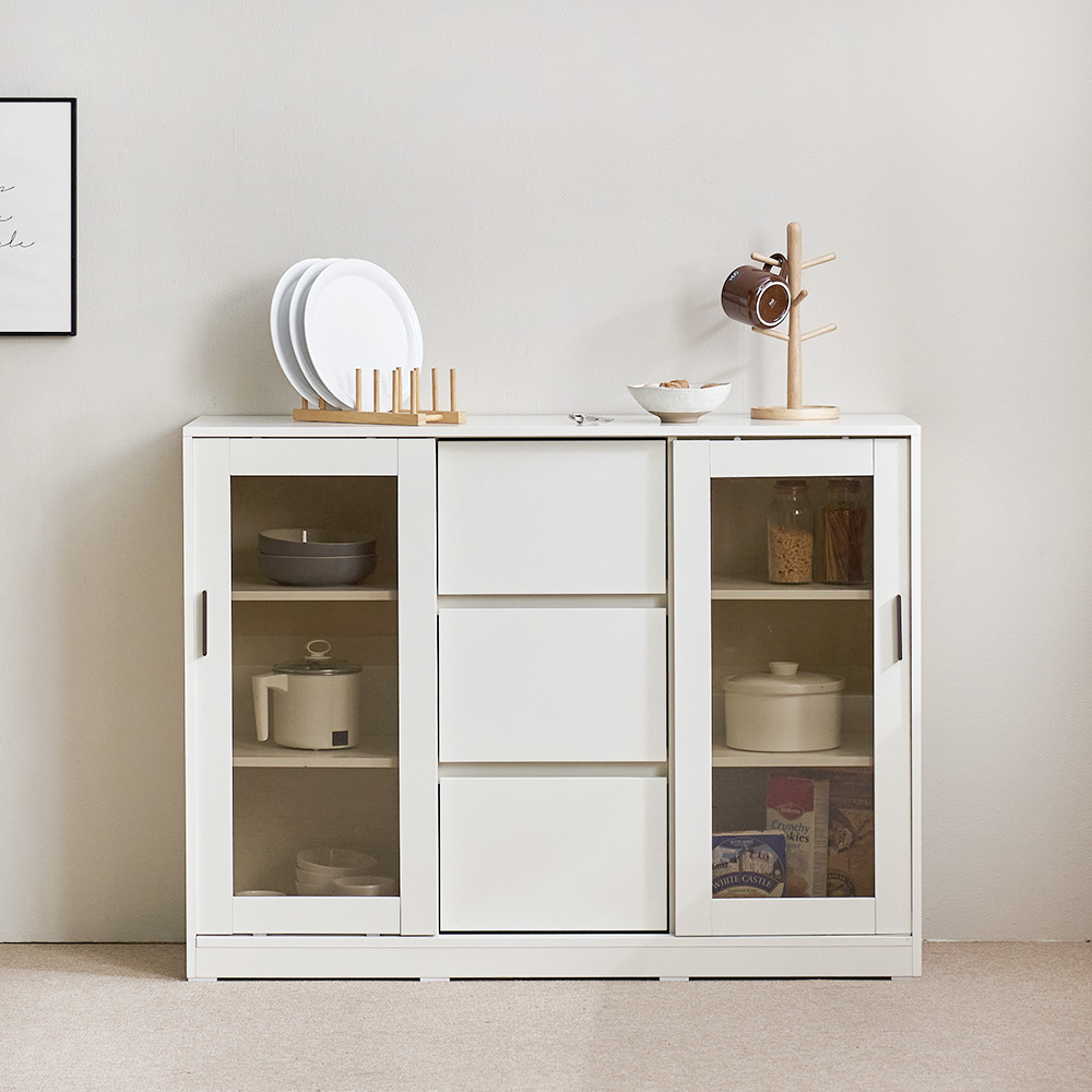 장인가구 아망드 슬라이딩 상부 하부 주방 수납장 세트 1200, 3단, 1200 유리 3단 서랍장_브라운