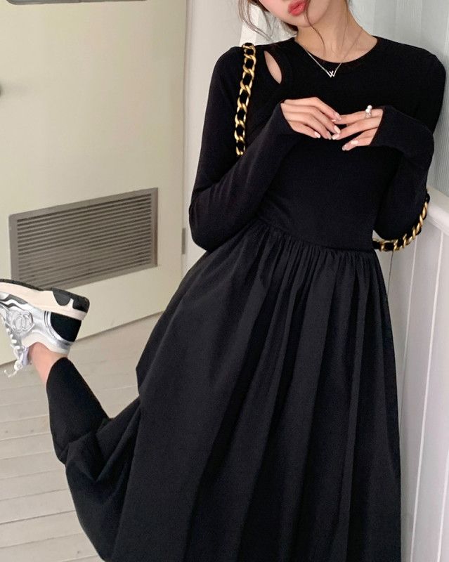 여성 라운드넥 긴팔 X라인 하이웨이스트 플레어 미디 원피스 데일리 시티룩 우아한 모달 봄 가을 8227 - 상세 이미지 5