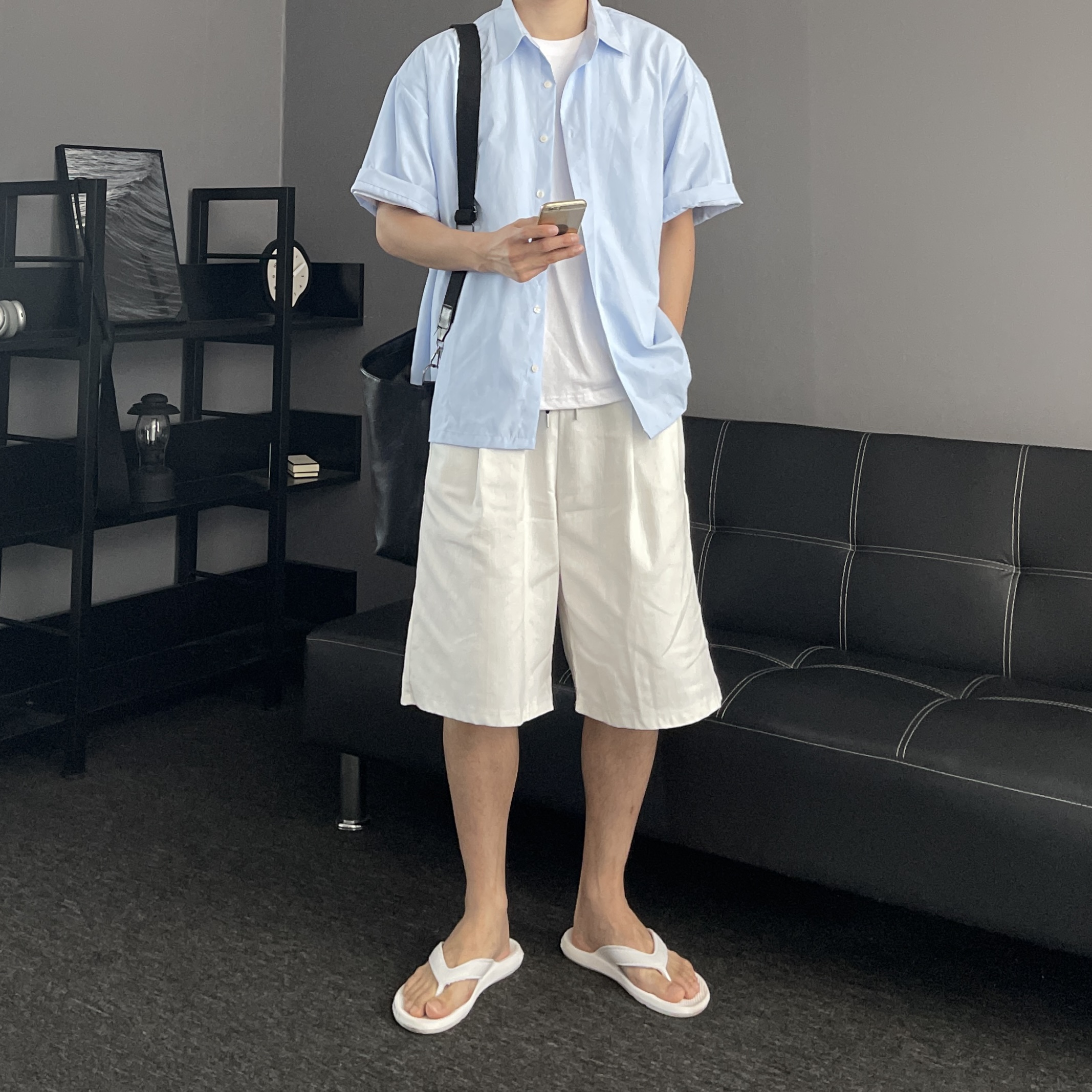 1+1 남자버뮤다팬츠 흰반바지 남자와이드반바지 이미지 6