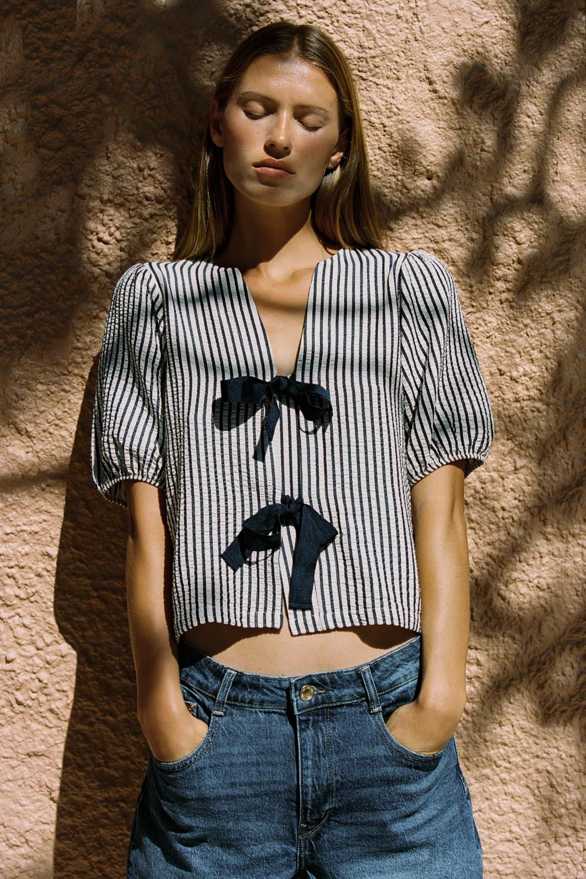 자라 스트라이프 린넨블렌드 타이 블라우스 1165/151 ECRU / NAVY - 상세 이미지 2