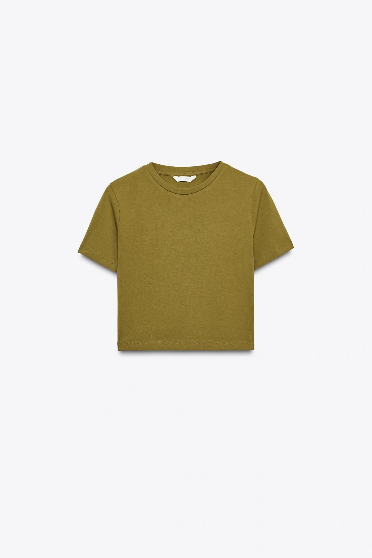 자라 크롭 스트레치 라운드넥 반팔 티셔츠 2335/299 OLIVE GREEN - 메인 이미지
