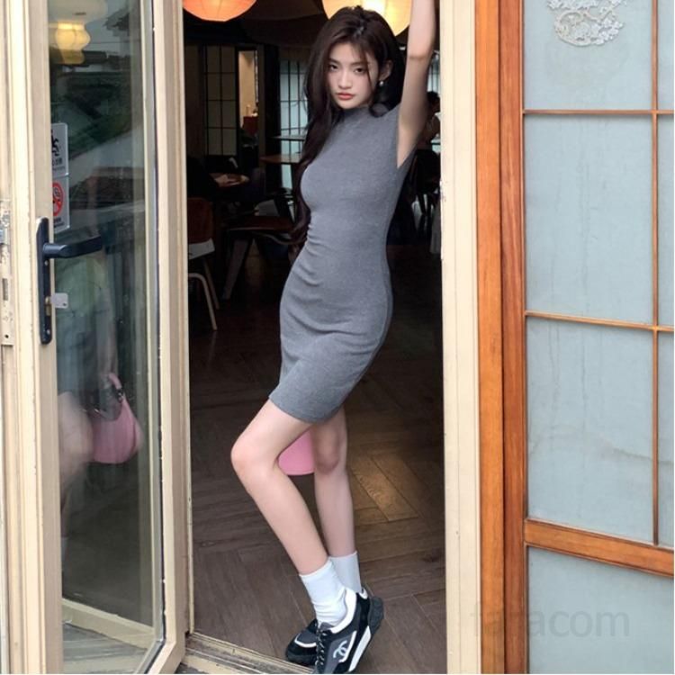 여성 반목 모크넥 민소매 H라인 미니 원피스 슬림핏 바디콘 코튼 스판 봄 여름 데일리룩 8187 - 상품 이미지