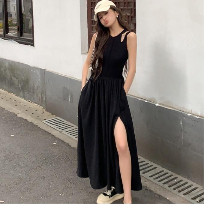 여성 면 컷아웃 어깨트임 민소매 라운드넥 롱 원피스 엑스라인 플레어 봄 여름 드레스 8181 - 상품 이미지