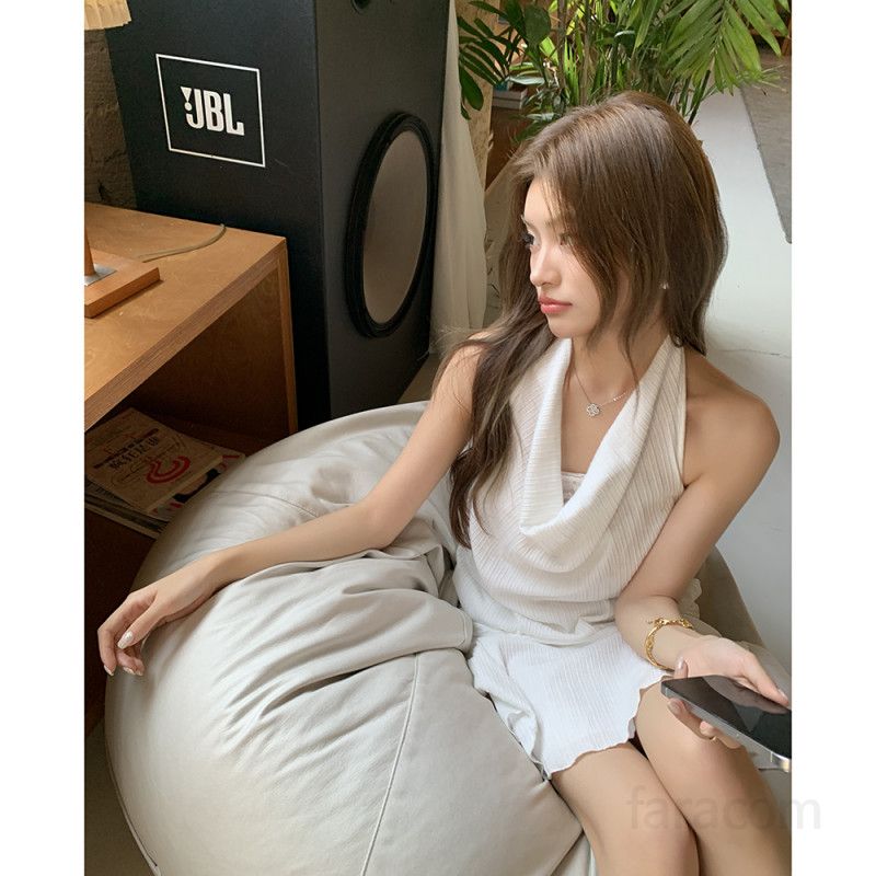 여성 봄 여름 홀터넥 드레이핑 셔링 미니 원피스 폴리 코튼 캐주얼 데이트룩 8683 - 상세 이미지 2