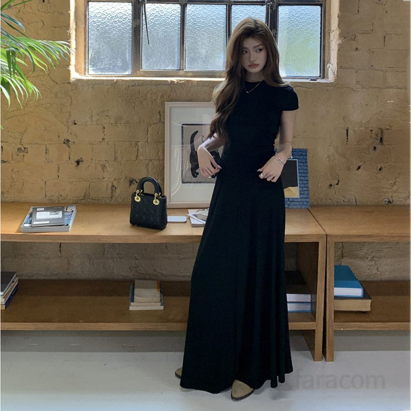 여성 라운드넥 반팔 크롭 모달 스판 투피스 세트 플레어 롱 스커트 데일리 캐주얼 봄 여름 8669 - 상세 이미지 4