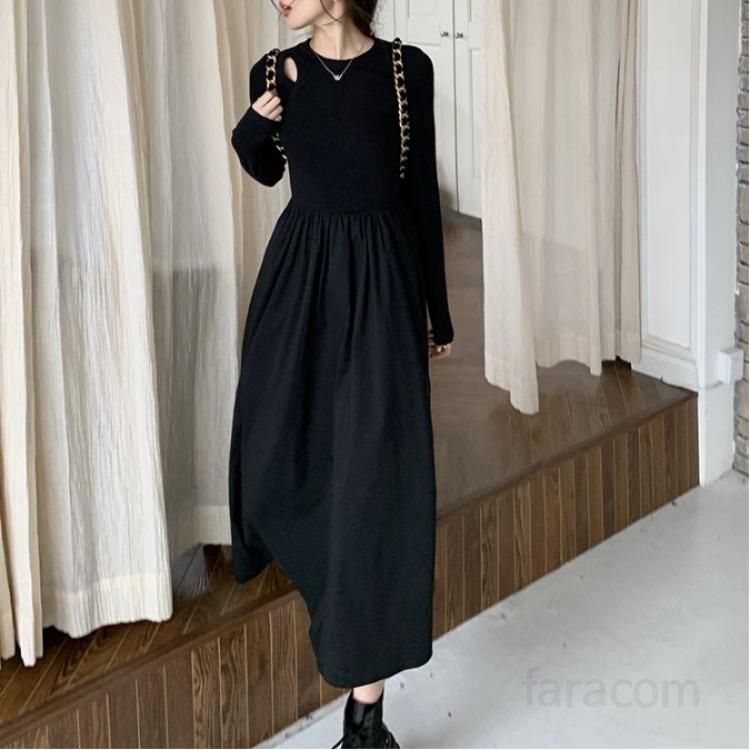 여성 라운드넥 긴팔 X라인 하이웨이스트 플레어 미디 원피스 데일리 시티룩 우아한 모달 봄 가을 8227 - 상품 이미지