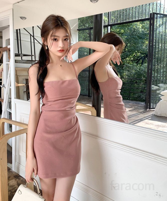 여성 스퀘어넥 민소매 셔링 미니 원피스 슬림핏 엑스라인 폴리스판 스트랩원피스 봄 여름 8090 - 상세 이미지 2