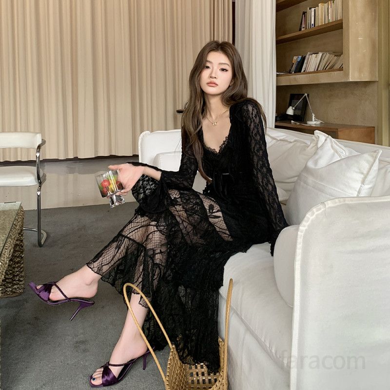 여성 봄 여름 레이스 시스루 펀칭 티어드 X라인 하이웨이스트 롱 원피스 민소매 슬립 드레스 파티룩 데이트룩 8688 - 상세 이미지 4
