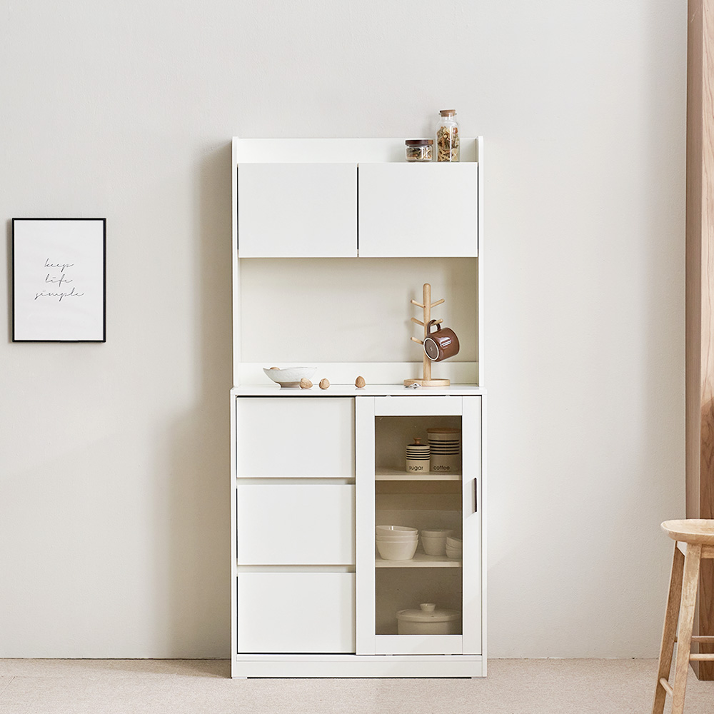 장인가구 아망드 슬라이딩 상부 하부 주방 수납장 세트 800, 3단, 800 유리 3단서랍+상부장_브라운