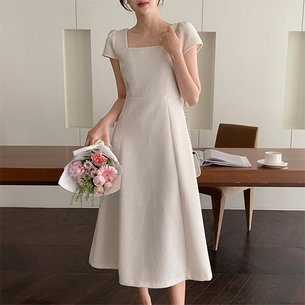 셀리 2기장 트위드 스퀘어넥 A라인 반팔 미니 원피스 op16056