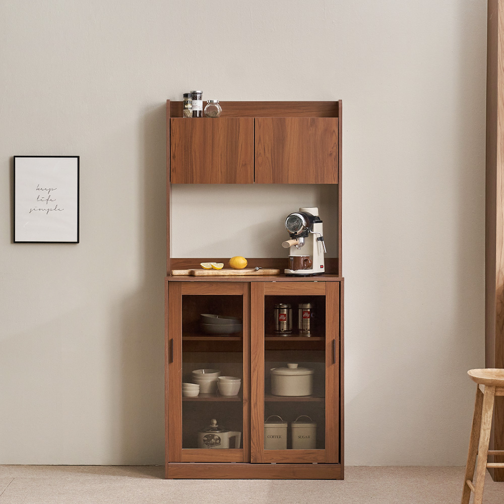 장인가구 아망드 슬라이딩 상부 하부 주방 수납장 세트 800, 3단, 800 유리 선반장+상부장_브라운