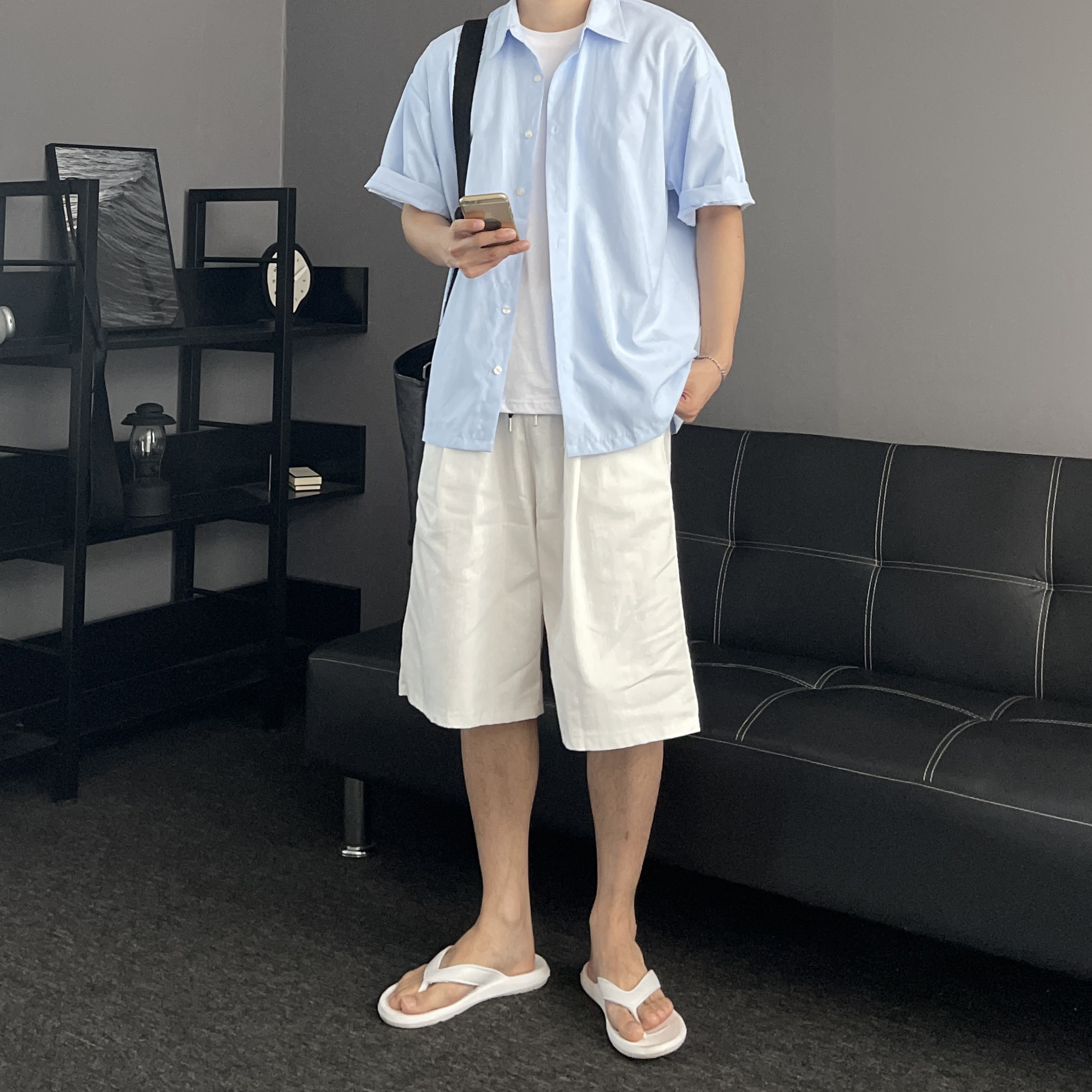 1+1 남자버뮤다팬츠 흰반바지 남자와이드반바지 - 상세 이미지 5