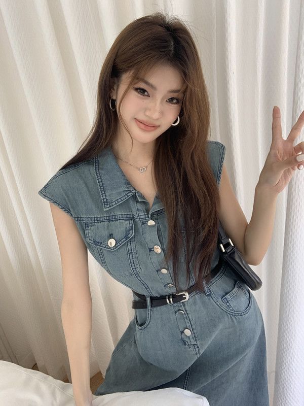 여성 데님 A라인 카라 싱글버튼 민소매 롱 원피스 포켓 트임 데일리룩 캐주얼 봄 여름 4882 - 상세 이미지 3