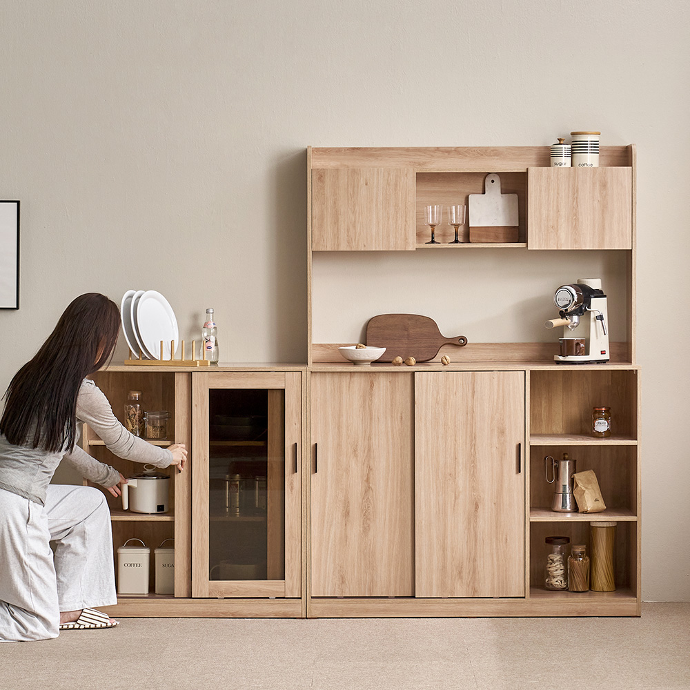 장인가구 아망드 슬라이딩 상부 하부 주방 수납장 세트 800, 3단, 800 유리 선반장+상부장_내추럴