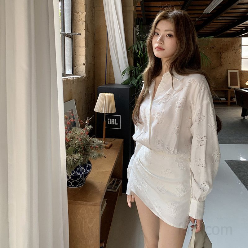 여성 펀칭 레이스 긴팔 셔츠 카라 하이웨이스트 미니 원피스 폴리 봄 여름 하객룩 8681 - 상세 이미지 2