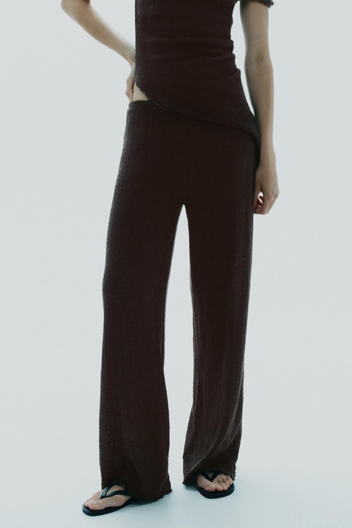 자라 하이웨이스트 텍스처 와이드 팬츠 0347/306 DARK BROWN - 메인 이미지
