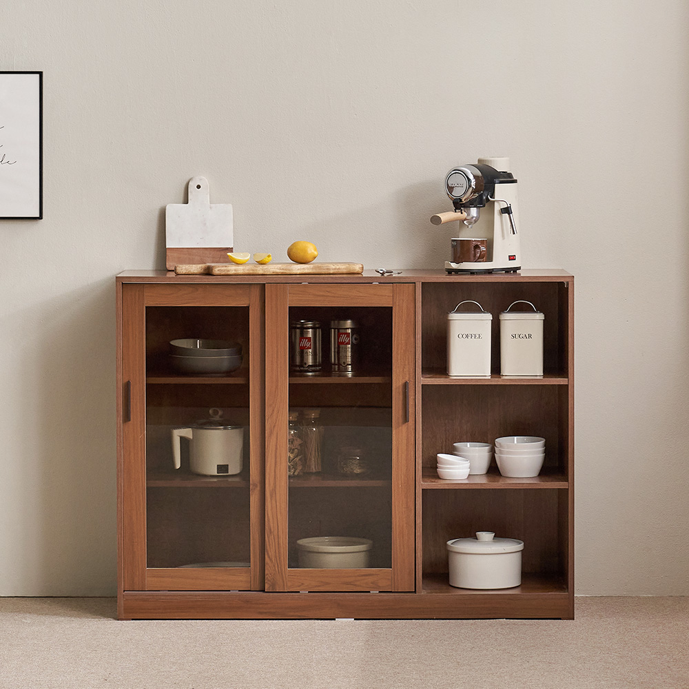 장인가구 아망드 슬라이딩 상부 하부 주방 수납장 세트 1200, 3단, 1200 유리 선반장_브라운