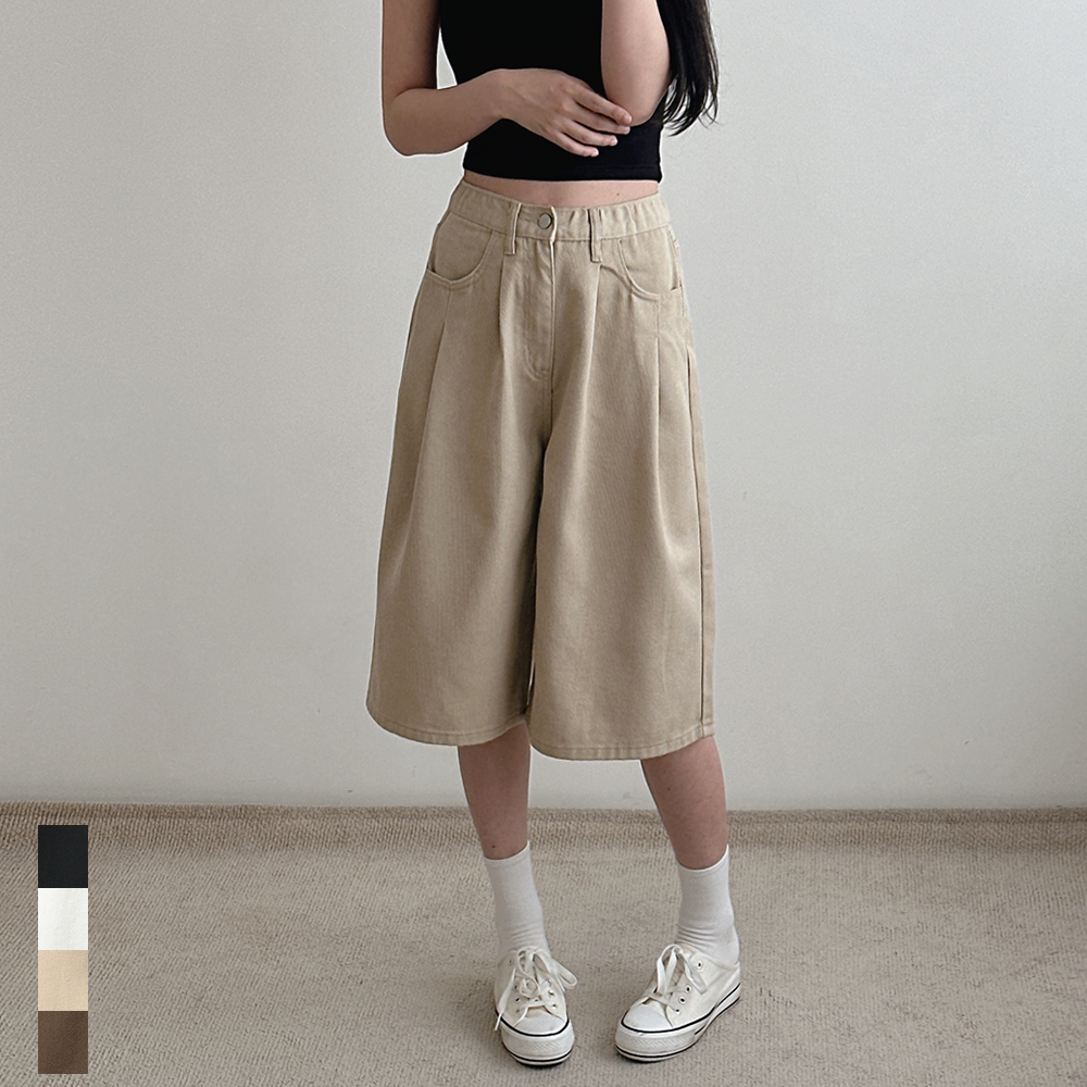 여성 버뮤다 반바지 투턱 와이드 여름 하이웨스트 블랙 화이트 면 키작녀 빅사이즈