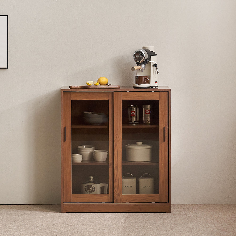 장인가구 아망드 슬라이딩 상부 하부 주방 수납장 세트 800, 3단, 800 유리 선반장_브라운