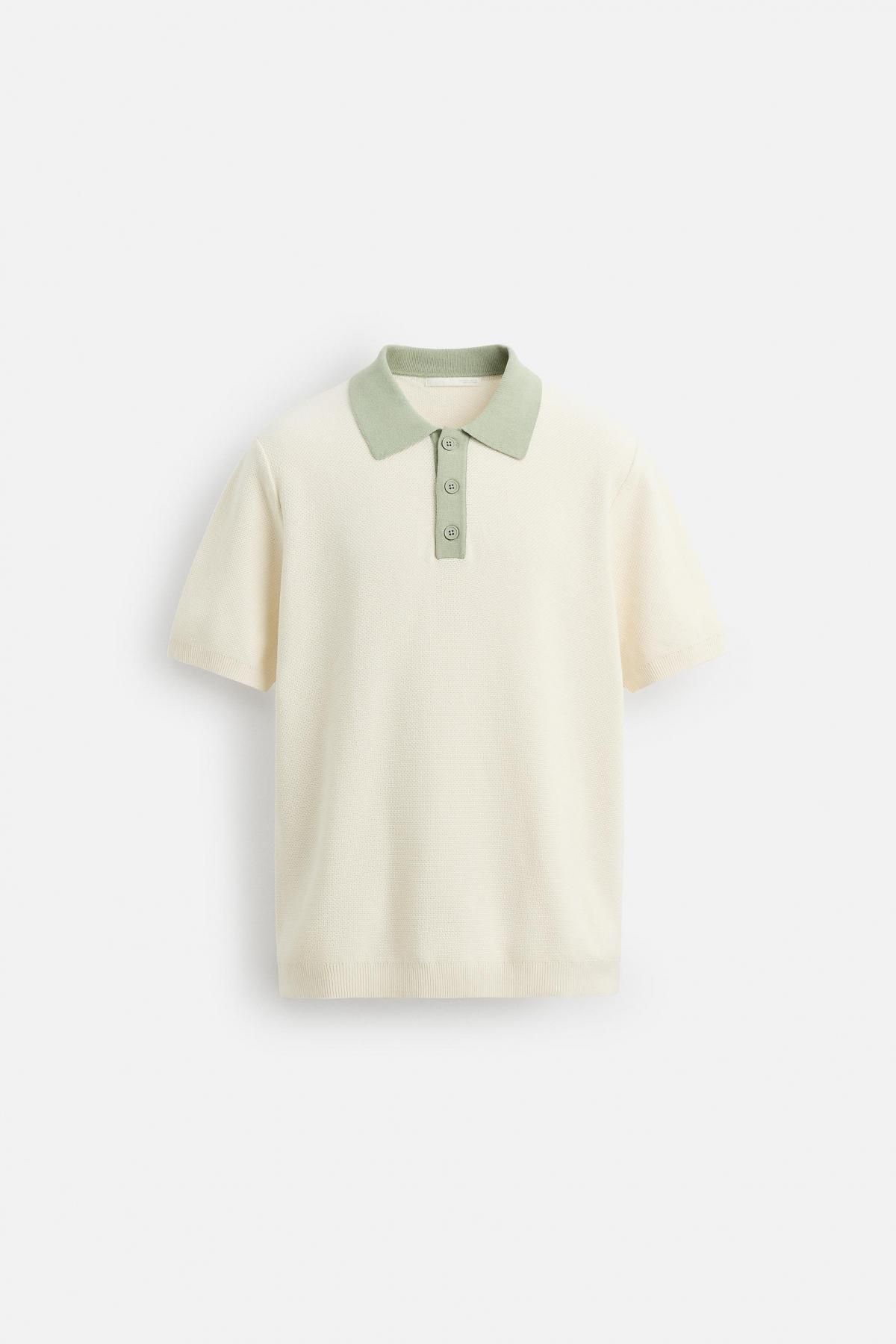 자라 배색 니트 폴로 셔츠 2893/301 ECRU / GREEN