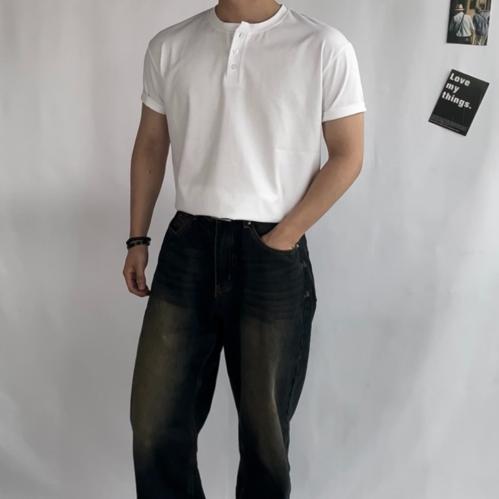 헨리넥반팔 남자 반팔 세미머슬핏 밸런스핏 비침없는 분또 무지티셔츠 - 상세 이미지 4