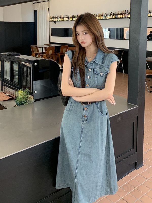 여성 데님 A라인 카라 싱글버튼 민소매 롱 원피스 포켓 트임 데일리룩 캐주얼 봄 여름 4882 - 상세 이미지 2