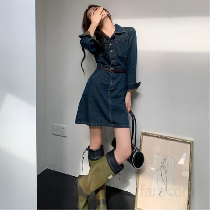 여성 긴팔 데님 미니 원피스 엑스라인 슬림핏 셔츠 카라 단추 하이웨이스트 캐주얼 데일리룩 봄 가을 4683