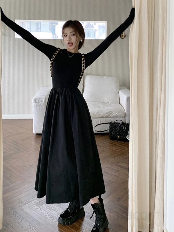 여성 라운드넥 긴팔 X라인 하이웨이스트 플레어 미디 원피스 데일리 시티룩 우아한 모달 봄 가을 8227 - 상세 이미지 4