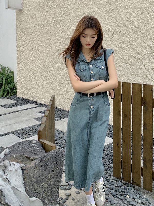 여성 데님 A라인 카라 싱글버튼 민소매 롱 원피스 포켓 트임 데일리룩 캐주얼 봄 여름 4882 - 상세 이미지 4