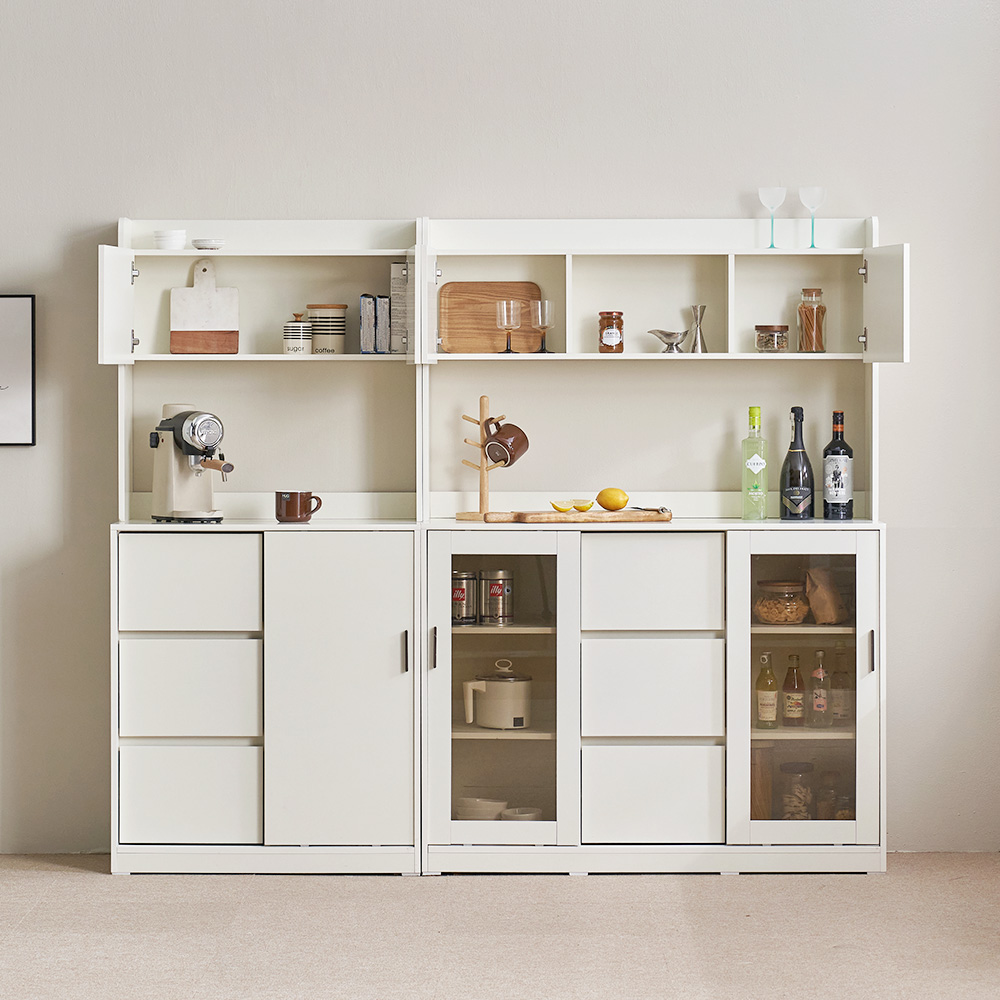 장인가구 아망드 슬라이딩 상부 하부 주방 수납장 세트 800, 3단, 800 유리 선반장+상부장_내추럴