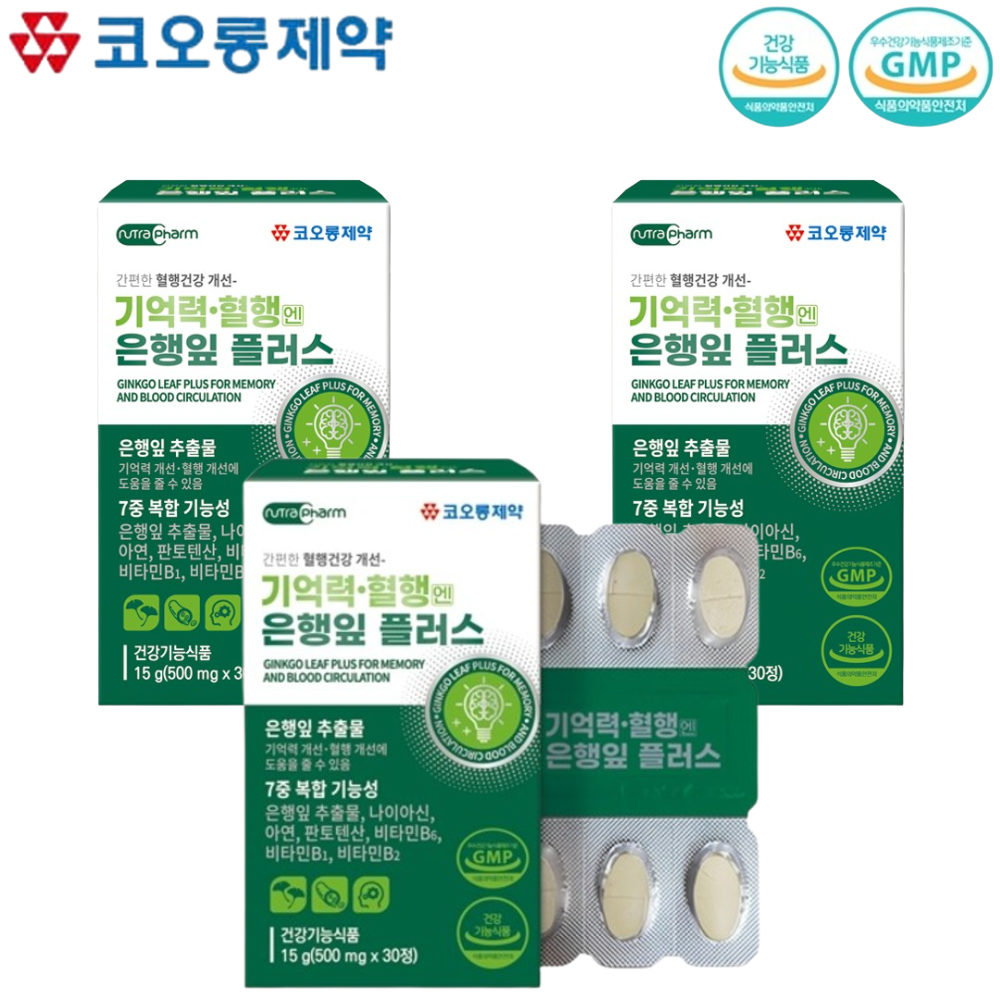 코오롱제약 기억력 혈행 징코 은행잎 추출물 30정 3박스 3개월 나이아신 판토텐산 비타민B - 메인 이미지