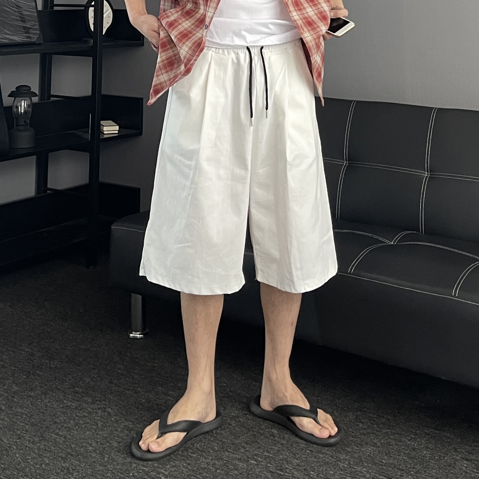 1+1 남자버뮤다팬츠 흰반바지 남자와이드반바지 - 상세 이미지 2