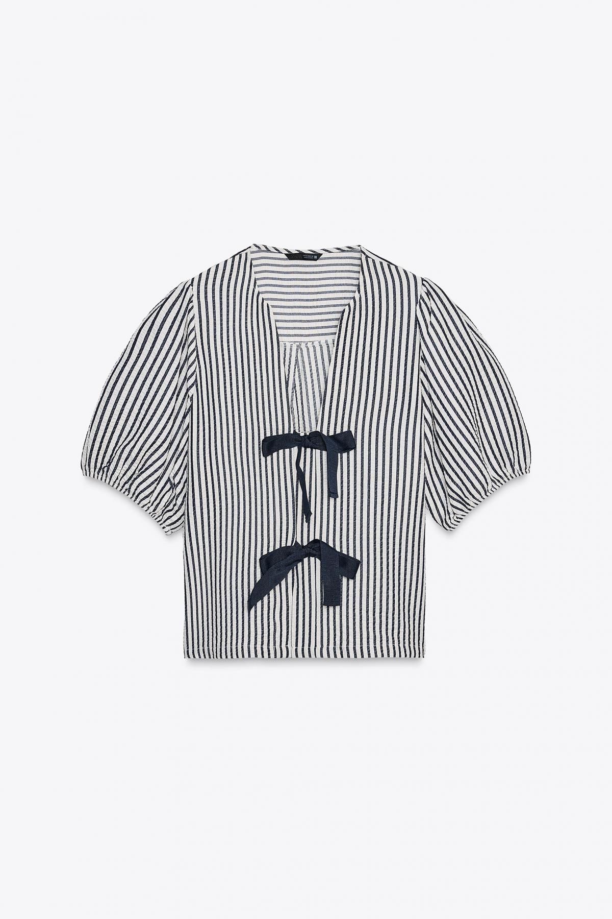 자라 스트라이프 린넨블렌드 타이 블라우스 1165/151 ECRU / NAVY - 메인 이미지