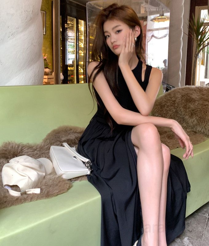 여성 면 컷아웃 어깨트임 민소매 라운드넥 롱 원피스 엑스라인 플레어 봄 여름 드레스 8181 - 상세 이미지 2