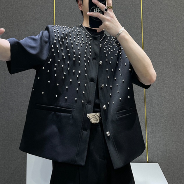 라운드넥 보석큐빅포인트 남자반팔자켓 명품느낌 하이패션 스타일 오버핏 여름 튀는 클럽룩 블랙 - 상세 이미지 3