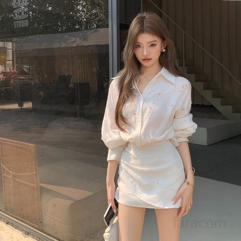 여성 펀칭 레이스 긴팔 셔츠 카라 하이웨이스트 미니 원피스 폴리 봄 여름 하객룩 8681 - 상품 이미지