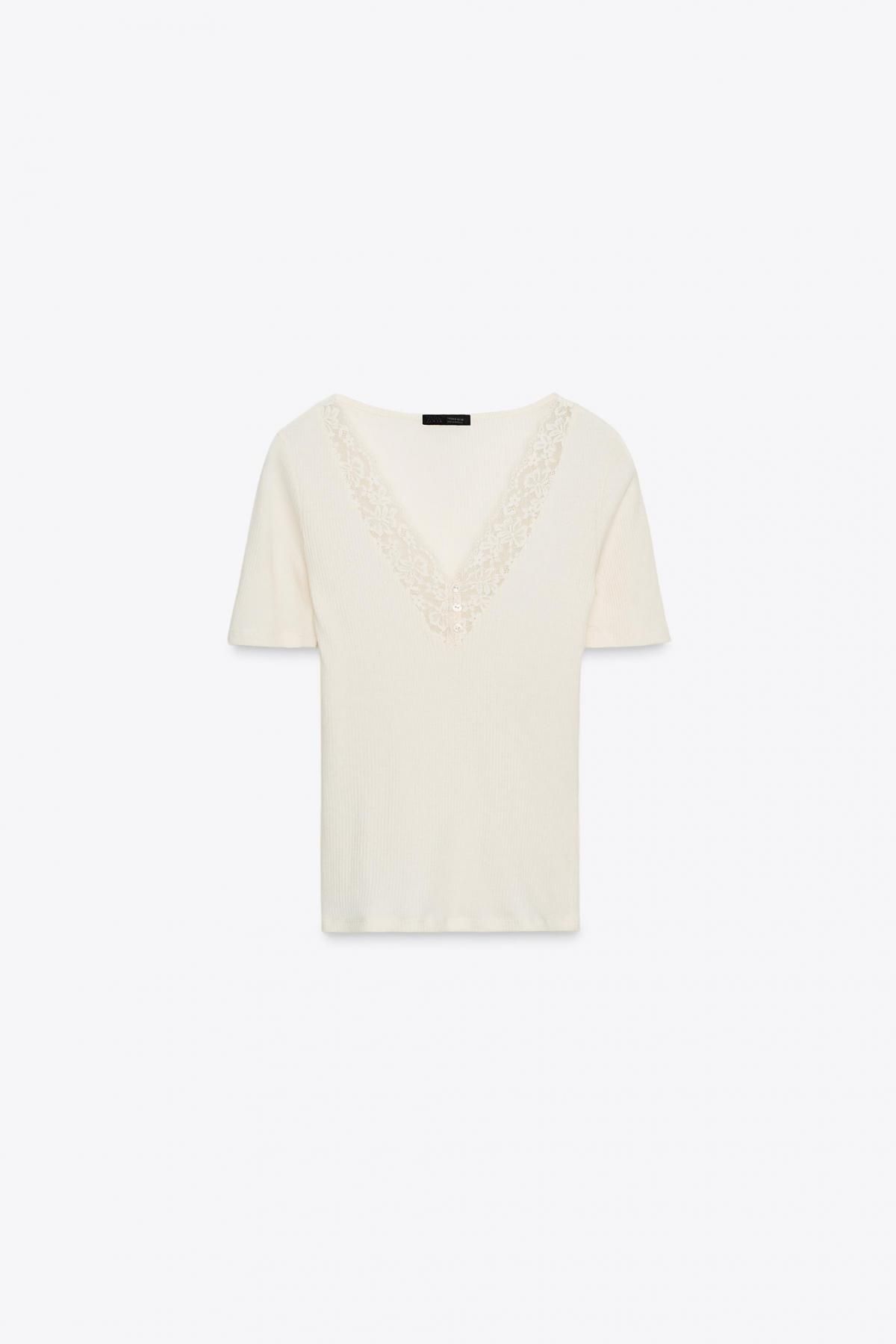 자라 레이스 브이넥 슬림핏 골지 티셔츠 5644/451 OYSTER-WHITE - 메인 이미지