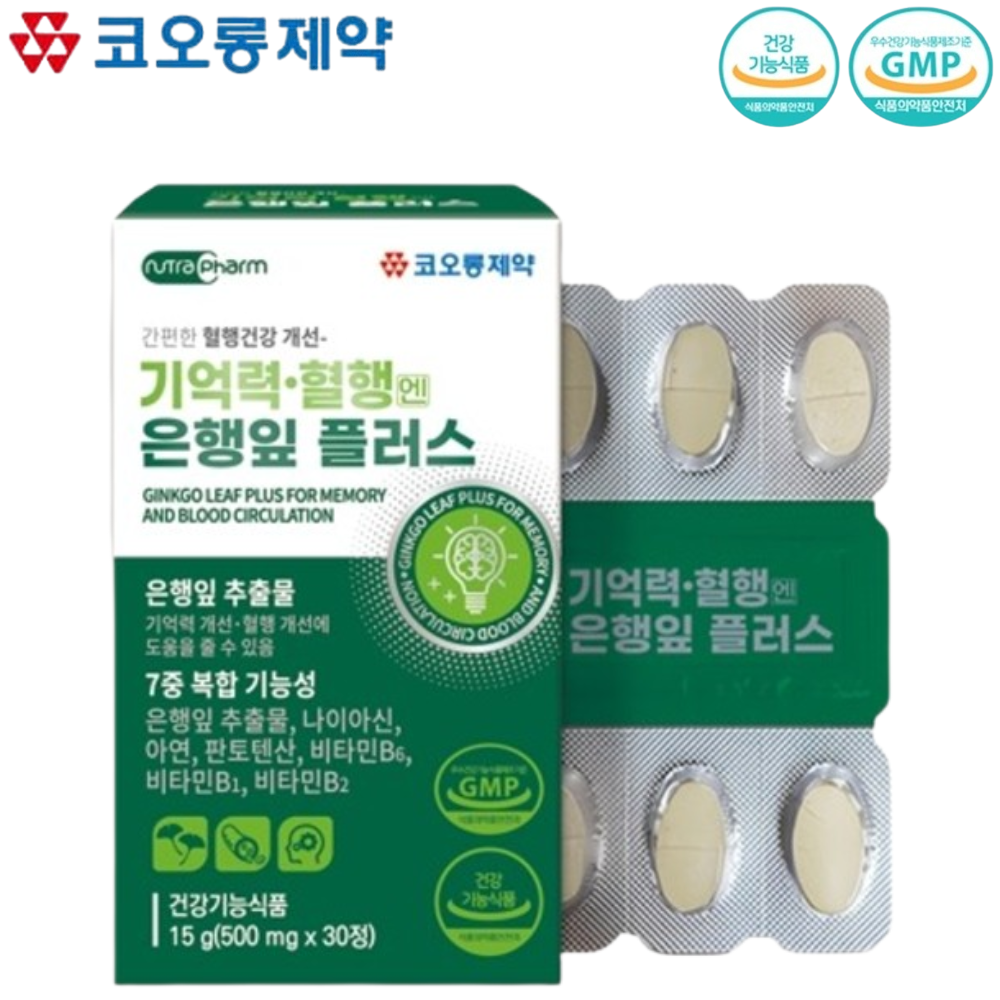 코오롱제약 기억력 혈행 징코 은행잎 추출물 30정 1박스 1개월 나이아신 판토텐산 비타민B - 메인 이미지