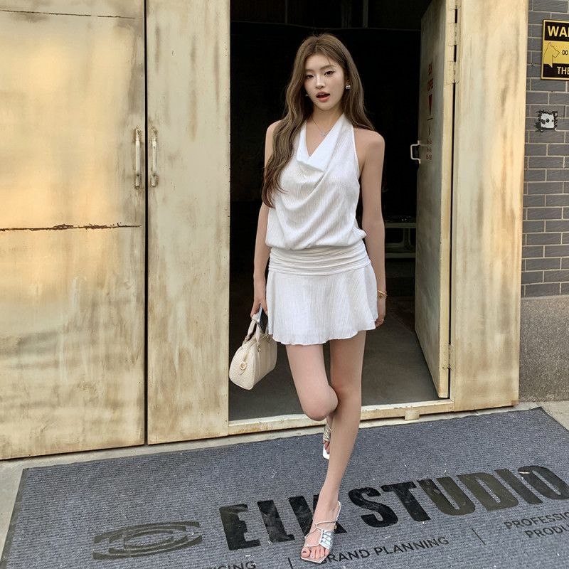 여성 봄 여름 홀터넥 드레이핑 셔링 미니 원피스 폴리 코튼 캐주얼 데이트룩 8683 - 상품 이미지