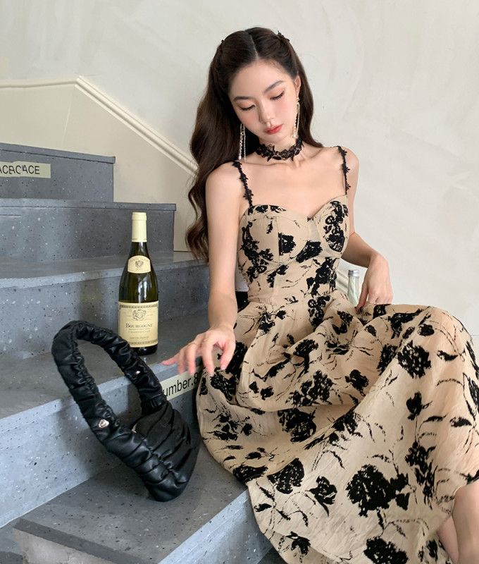 여성 플라워패턴 민소매 슬립 A라인 미디 원피스 하이웨이스트 휴양지룩 데이트룩 봄 여름 6997 - 상세 이미지 2