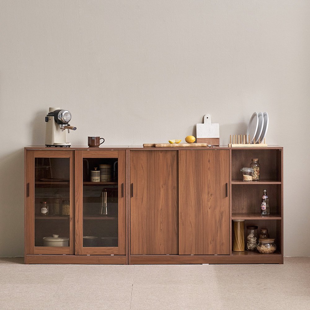 장인가구 아망드 슬라이딩 상부 하부 주방 수납장 세트 800, 3단, 800 유리 선반장+상부장_내추럴