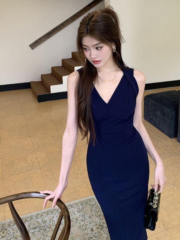 여성 브이넥 백크로스 민소매 바디콘 슬림핏 미디 원피스 하객룩 오피스룩 봄 여름 8363 - 상세 이미지 2