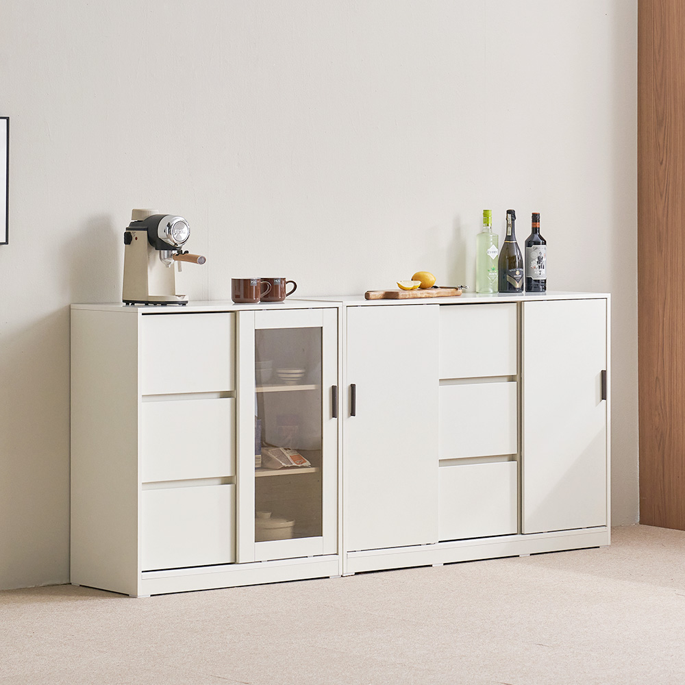 장인가구 아망드 슬라이딩 상부 하부 주방 수납장 세트 800, 3단, 800 유리 선반장+상부장_내추럴