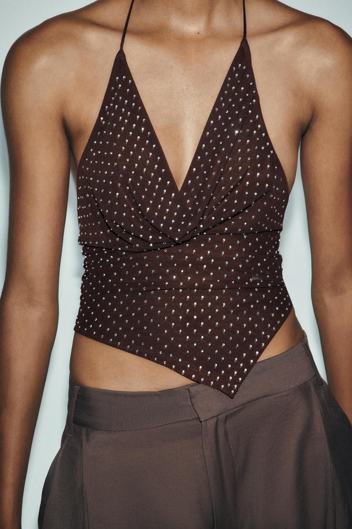 자라 글리터 스트라스 튤 홀터넥 민소매 탑 3641/809 BROWN - 상세 이미지 4