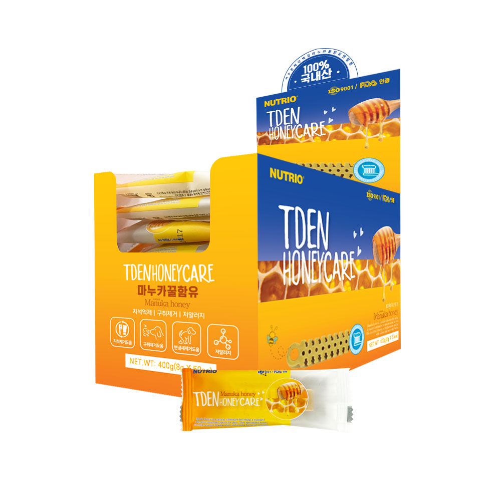 뉴트리오 티덴브러쉬 허니케어 덴탈껌 마누카꿀 400g 8g X 50봉 강아지간식 가수분해 개껌