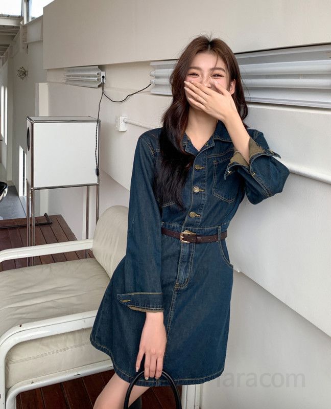 여성 긴팔 데님 미니 원피스 엑스라인 슬림핏 셔츠 카라 단추 하이웨이스트 캐주얼 데일리룩 봄 가을 4683 - 상세 이미지 2